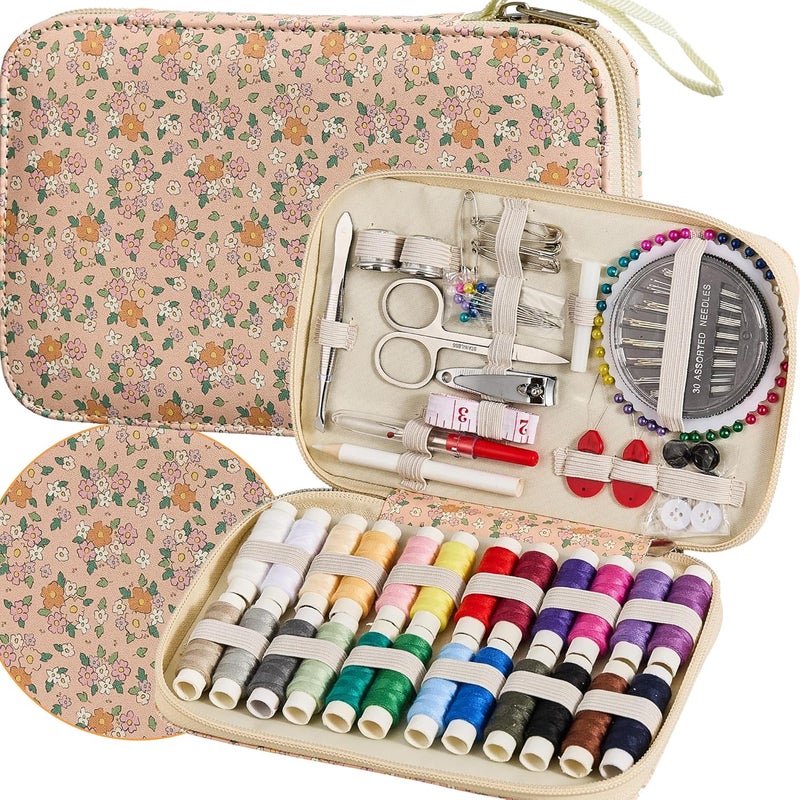 Bobode Sewing Project Kits Floral Pattern Sewing Kit with 130PCS Sewing Supplies Accessories,Printing Sewing Set with Zipper Sewing Supplies Case,for Travel Emergency, Home - Image 1